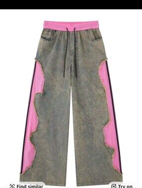Denim/Track MIX Two-Tone Wide Leg Jeans with Pink Trim